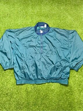 Vintage 90’s JERZEES Half Zip Nylon Windbreaker Jacket Men’s XXL Green Navy Blue